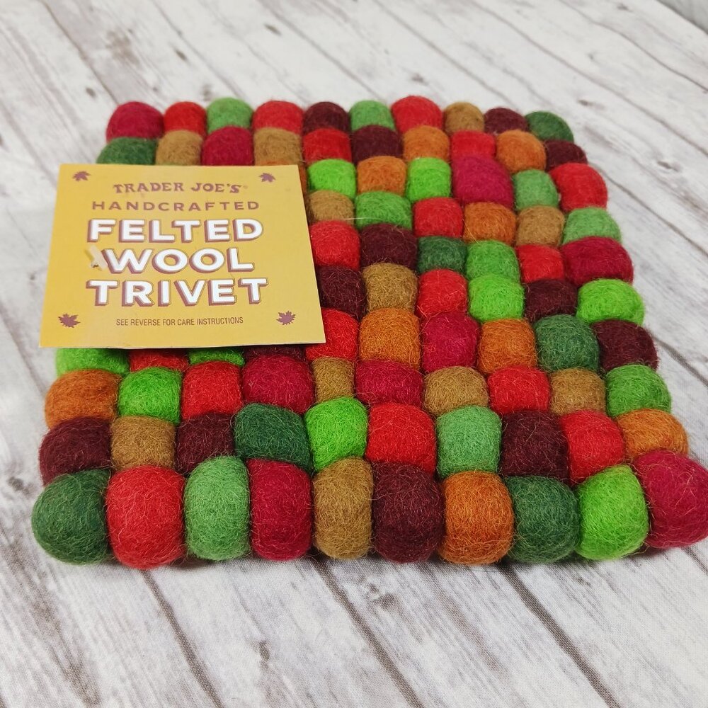Trader Joe's Felted Wool Trivet Hot Pad Harvest/Fall Colors Wool Balls 6x6" NWT